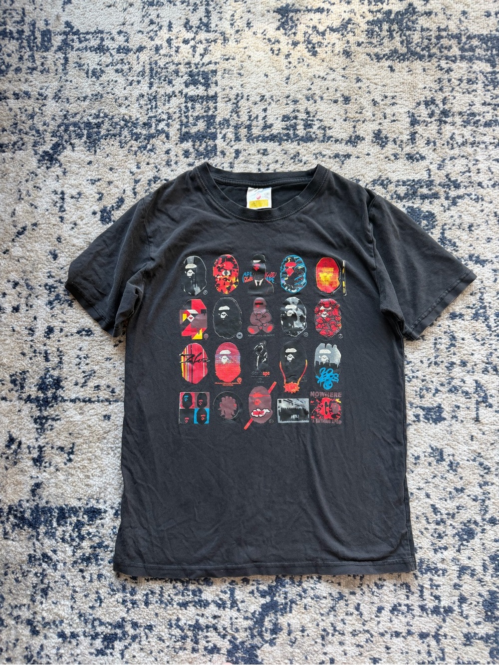 VERY RARE BAPE Black Graphic Tee with Multicolor Prints